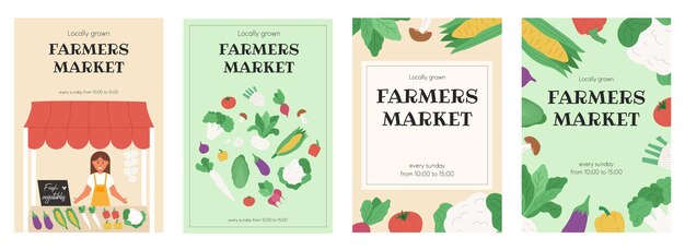 Collection of four farmers market posters with girl sell behined counter and fresh vegetables