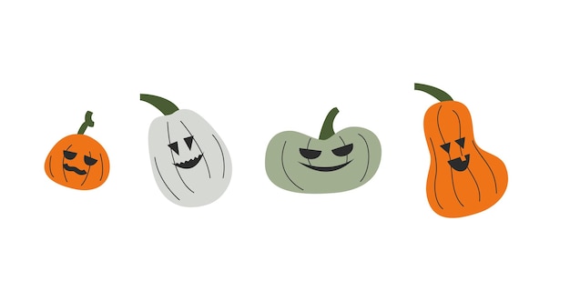 Raccolta di quattro zucche disegnate a mano con facce ritagliate tempo di halloween