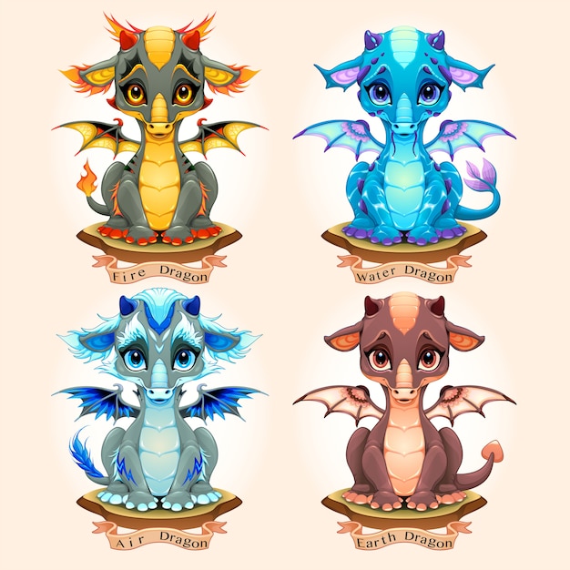 Vector collection of four natural element baby dragons, fire, water, air and earth