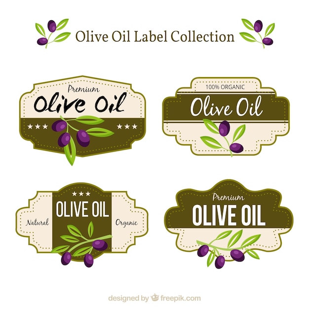 Collection of four olive oil labels with purple details