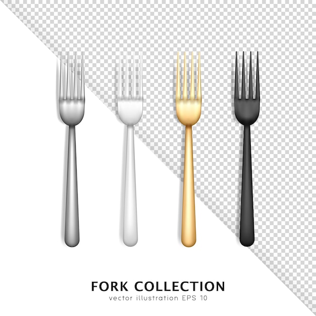 Collection of four realistic stainless steel and plastic cutlery. top view of colorful forks