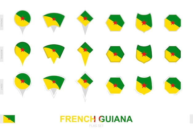 Collezione della bandiera della guyana francese in diverse forme e con tre effetti diversi