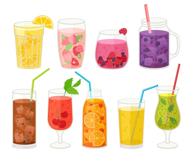 Collection of fresh cocktails on white background.