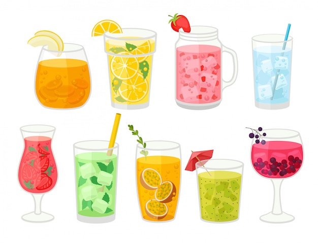 Vector collection of fresh cocktails on white background.