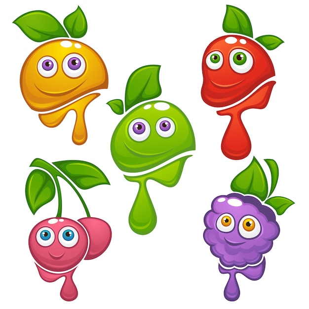 Collection of fresh funny cartoon  fruits and berries, stickers, labels and emblems