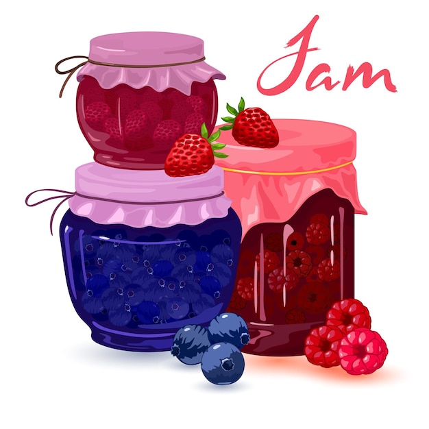 Vector collection of fresh homemade strawberry, blueberry and raspberry jelly canned in jars