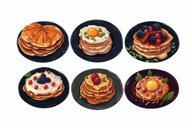 Collection of fried pancakes blini crepes syrniki oladyi lying on plates with various toppings isolated on dark background Isolated on white background Vector cartoon illustration