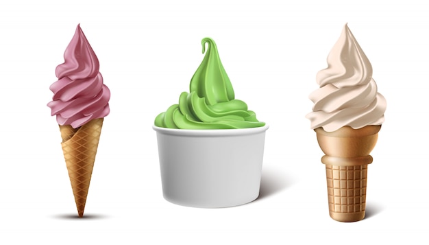 Collection of frozen yogurt in waffle cone, cup or paper bowl