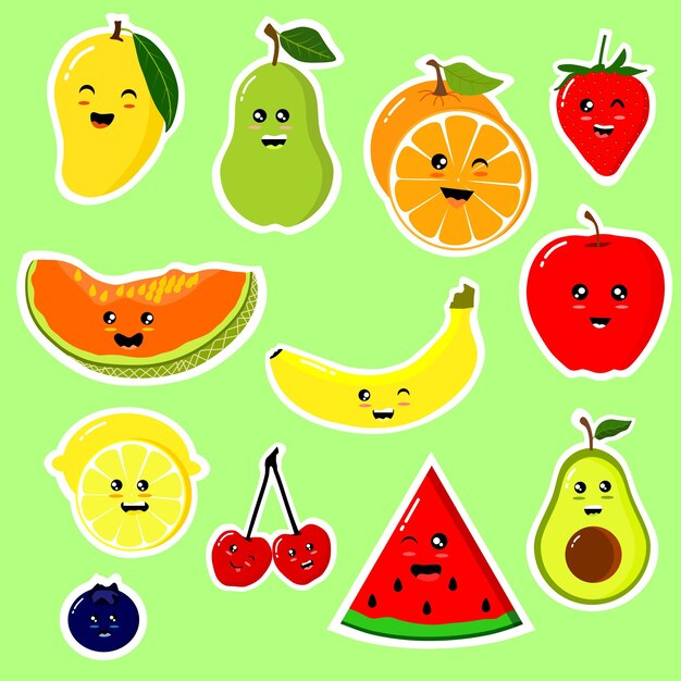 A collection of fruit stickers with faces and faces.