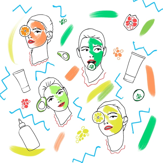 Vector collection of fruit and vegetable face masks cosmetic skin care for girls doodle