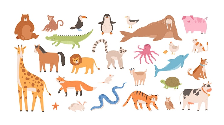 Vector 白い背景に面白い愛らしい野生のエキゾチックな動物や家畜のコレクション – かわいい哺乳類、爬虫類、鳥。幼稚なデザイン要素のセット。フラットな漫画のスタイルのベクトル図です。