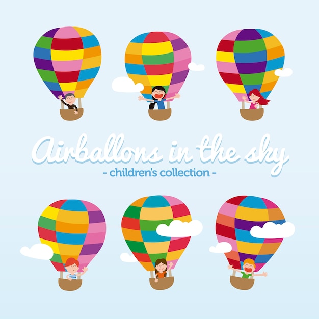 Vector collection of funny balloons with cute kids on board