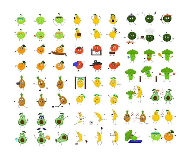 Vettore raccolta di frutta e verdura divertenti dei cartoni animati