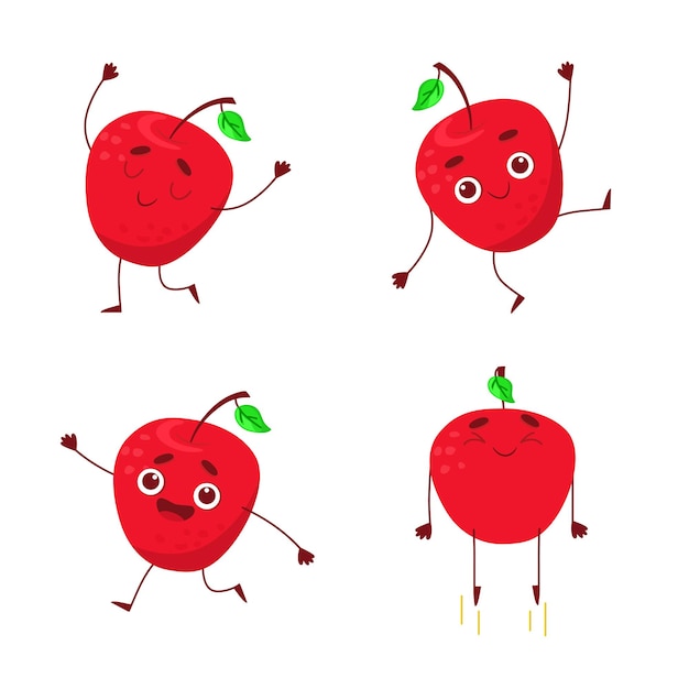 Collection of funny cartoon red apple character in different actions