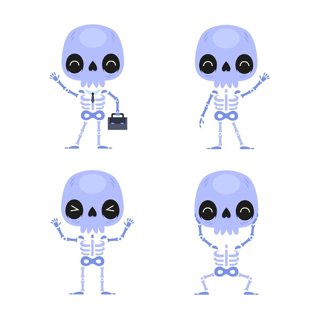 Vector collection of funny cartoon skeleton character in different actions