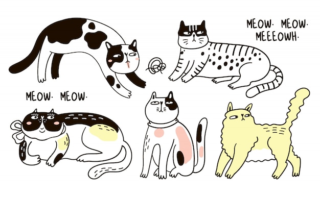 Коллекция забавных кошек. Связка различных мультяшных кошек изолированных рисованной иллюстрации