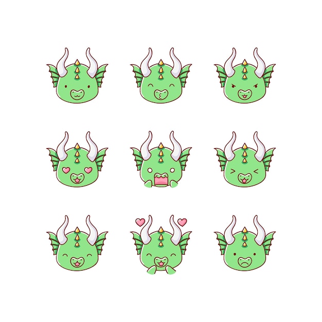 Collection of funny cute dragon emoticon characters in different emotions. Illustration