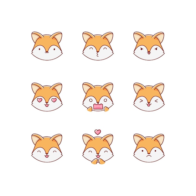 Collection of funny cute fox emoticon characters in different emotions. Illustration