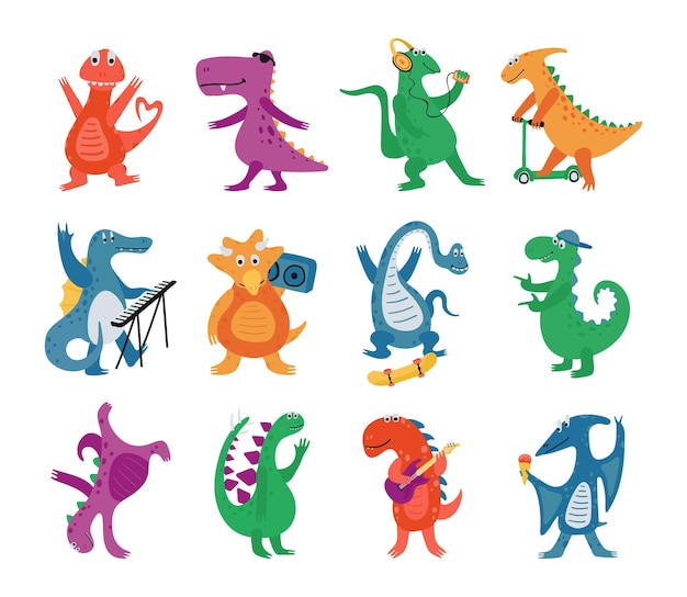 Коллекция забавных динозавров в мультяшном стиле, изолированные на белом фоне. Яркие милые животные-персонажи играют на музыкальных инструментах, танцуют и катаются на скейтборде и самокате. Векторная иллюстрация