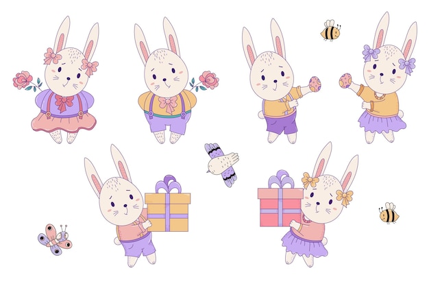 Collection funny easter eggs with bunny ears Vector illustration Isolated For design Happy Easter