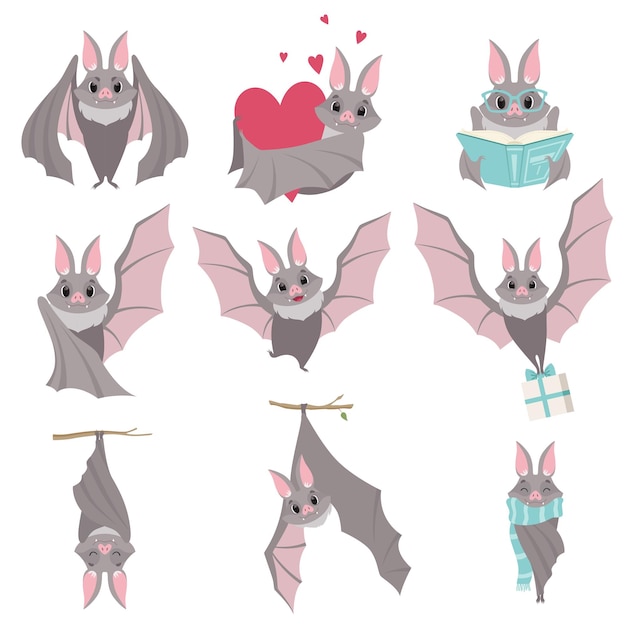 Vector collection of funny gray bats cute creature cartoon characters in different situations vector illustration isolated on a white background