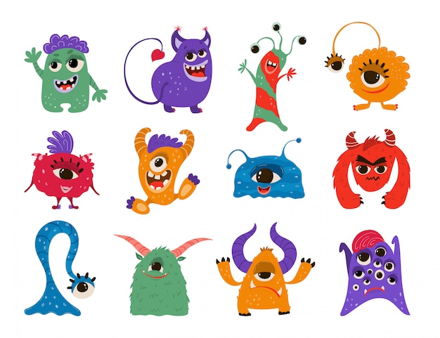 Collection funny monsters in cartoon style.