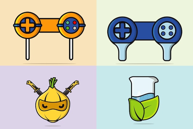 collection of game console buttons in tennis racket with onion ninja with swords beaker glass