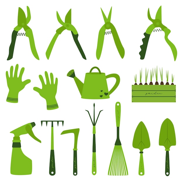 Collection of gardening tools isolated on white background Green essential gardening tools kit