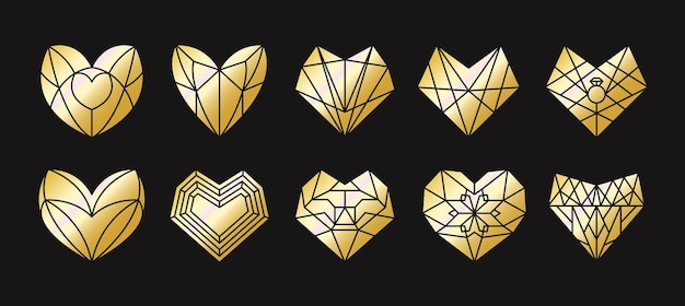 Collection of geometric golden heart shape. vector illustration icons set of poligonal gold heart logo design. love symbol. valentine's day or wedding invitation element isolated on dark background