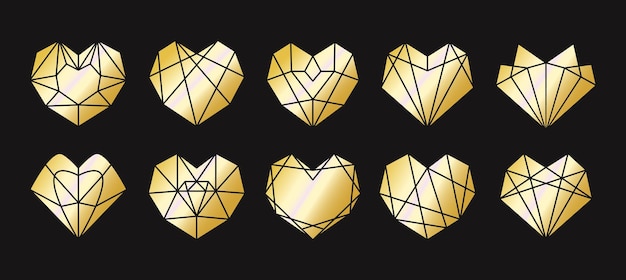 Collection of geometric golden heart shape.