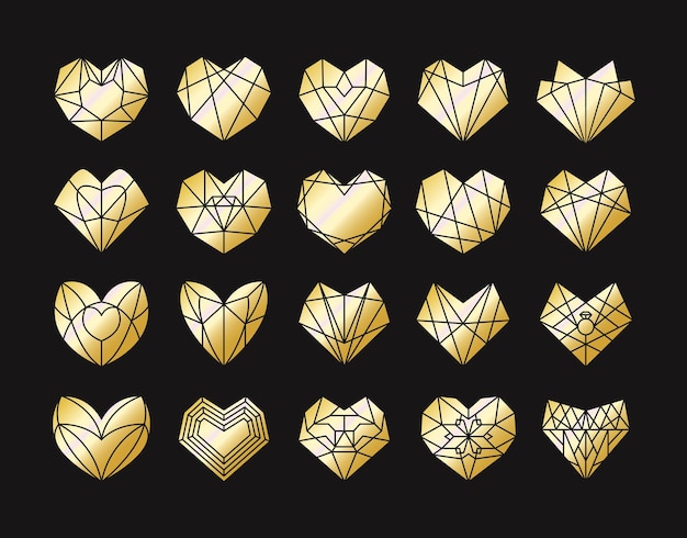 Collection of geometric golden heart shape.