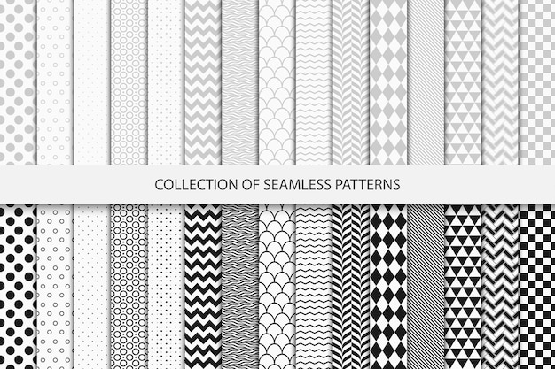 기하학적 완벽 한 패턴의 컬렉션입니다. 현대적인 흑백 섬유 배경, 지문.