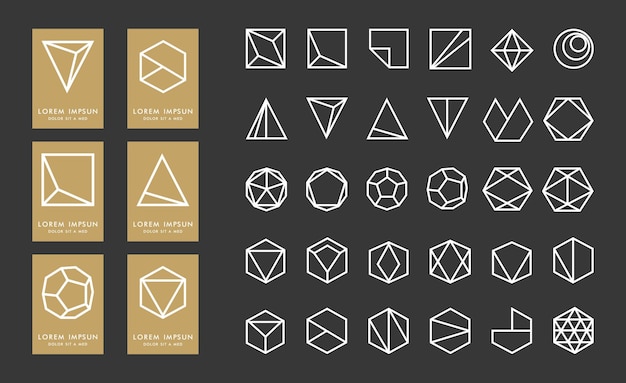 Vector collection of geometry 30 icons and 6 stylish golden logolinear design elementshexagonstrianglessquarescirclestrendy minimal iconlogo logotypeslabelmonogramvector illustration