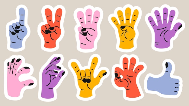 Collection of gesture signs from human hands a set of fingers showing emotions and directions gesture finger in flat design communication expressions with hand sign in trendy style vector icon