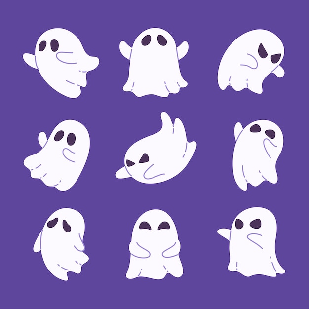 Collection of ghosts in white robes with scary faces for decoration on Halloween