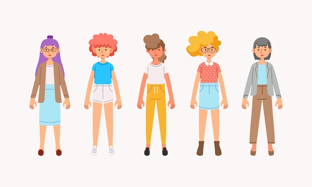 Collezione di personaggi femminili con abbigliamento casual e acconciature utilizzati per il profilo avatar