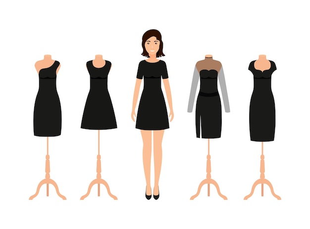 Collection girl clothing Five black little dresses Cocktail dress on woman Clothes icon for girls