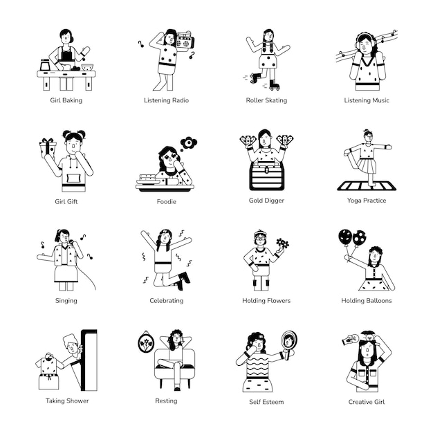 Collection of girl hobbies glyph icons