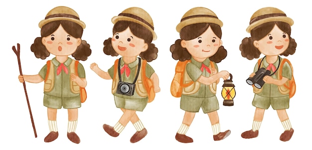 Collezione di girl scout con tuta da trekking pittura ad acquerello realistica con carta testurizzata cartoon character design vector