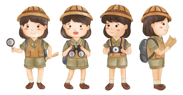 Vector collection of girl scout with hiking suit realistic watercolor paint with paper textured cartoon character design vector