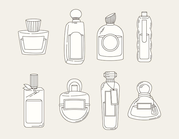 Collection of glass elegant bottles of fragrant perfume vector set of eau de parfum icons