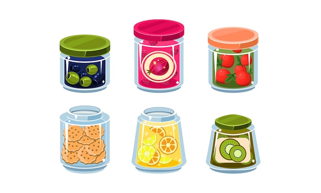 Collection of glass jars with ingredient fresh and canned food food in glassware vector Illustration isolated on a white background