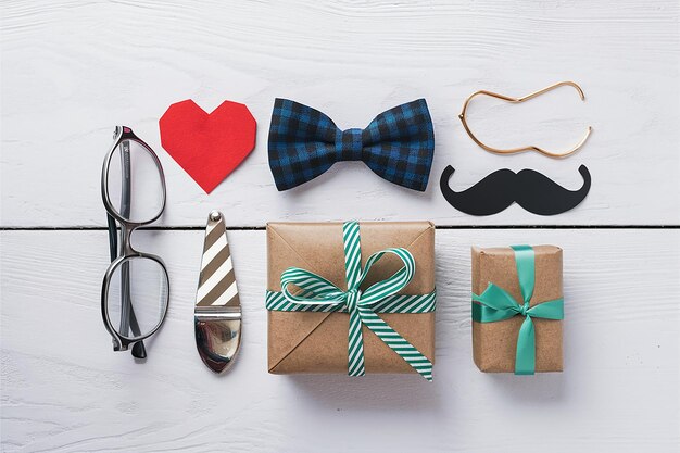 a collection of glasses a bow and a pair of glasses are laying on a white surface