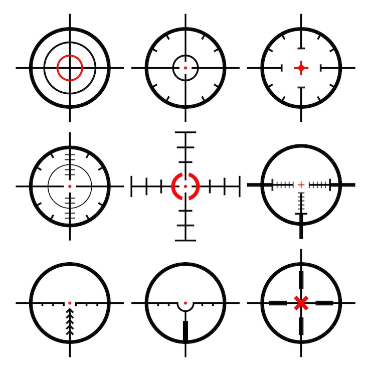 Vector collection of goals and destinations aim and purpose targeting and aiming optical aim collimator