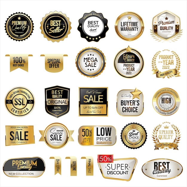 Vector collection of gold and black price badges labels and ribbons