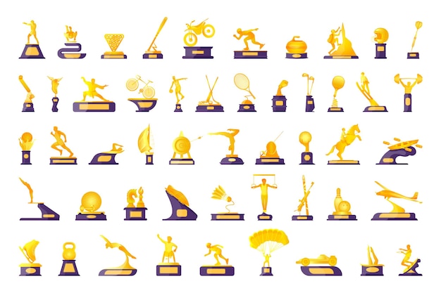 Vector collection of gold cups for prize-winners of sports competitions.