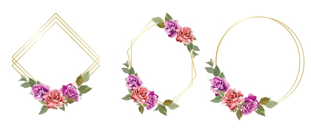 A collection of gold frames with a beautiful bouquet of roses