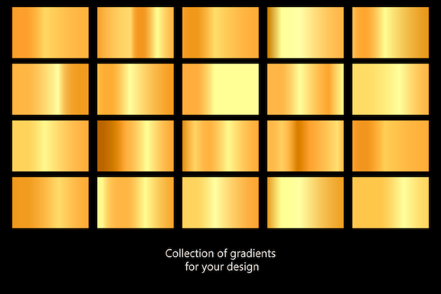 Collection of gold gradient backgrounds. Set of golden metallic textures. Vector illustration