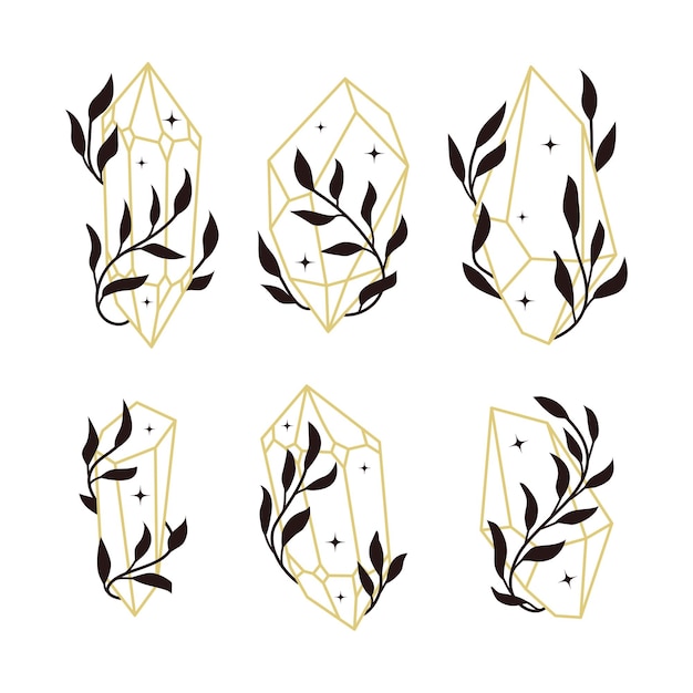 Collection gold line mystic crystal with leaves and stars Gem stone with botanical floral decor Boho linear vector