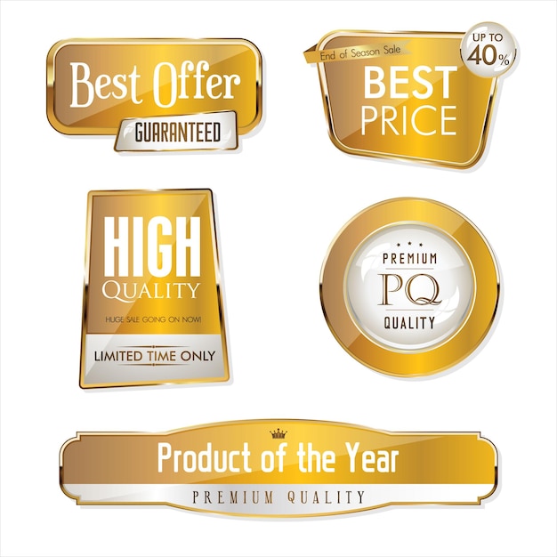 Vector collection of gold and white sale and premium quality badge and labels